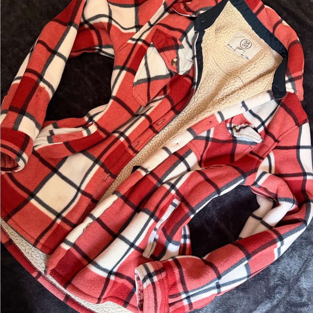 Orangey Red and White Plaid Sherpa-Lined Jacket